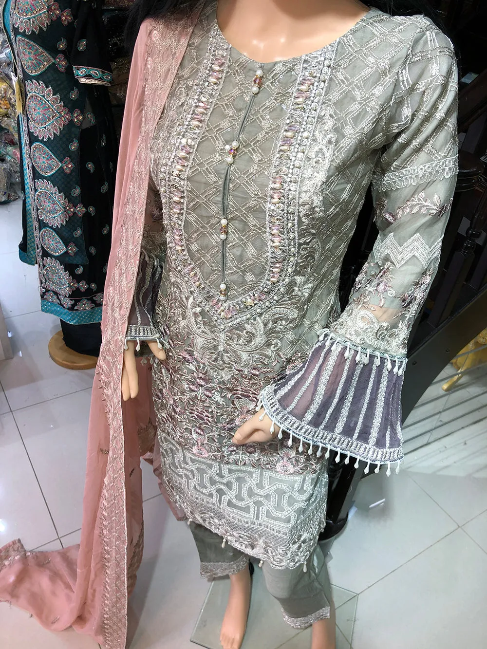 1515 Readymade Grey Pakistani Chiffon Suit