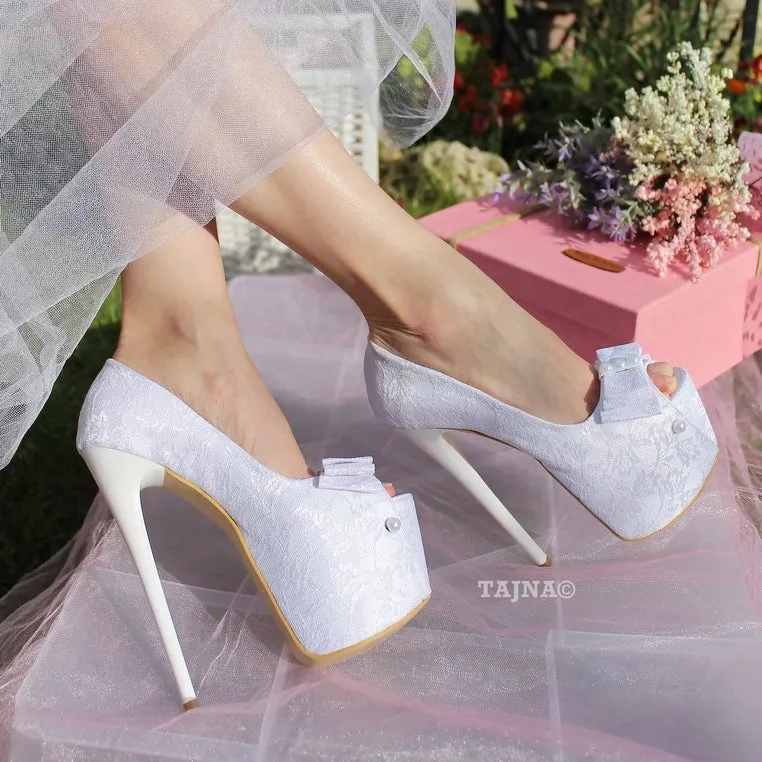 19 cm White Lace Platform Wedding Shoes