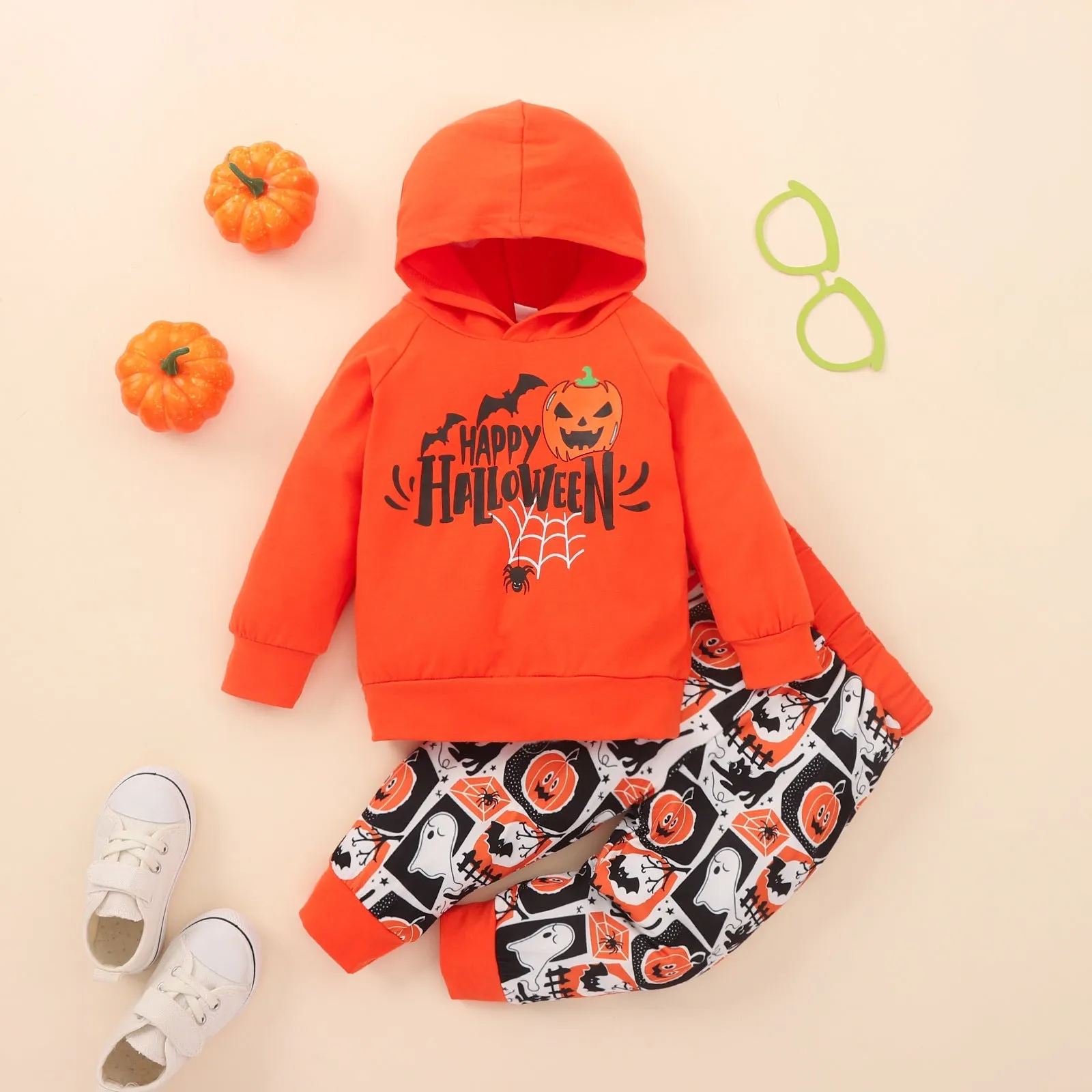 2 Pieces Set Baby Kid Girls Halloween Cartoon Print Hoodies Swearshirts And Pants