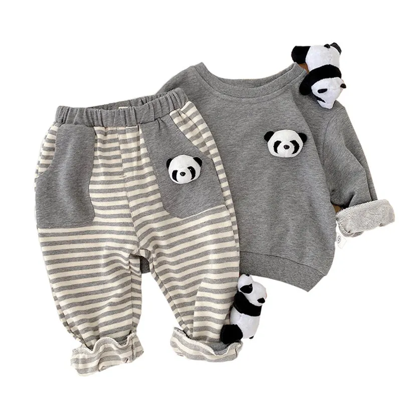 2 Pieces Set Baby Unisex Cartoon Print Hoodies Swearshirts And Striped And Color-blocking Pants