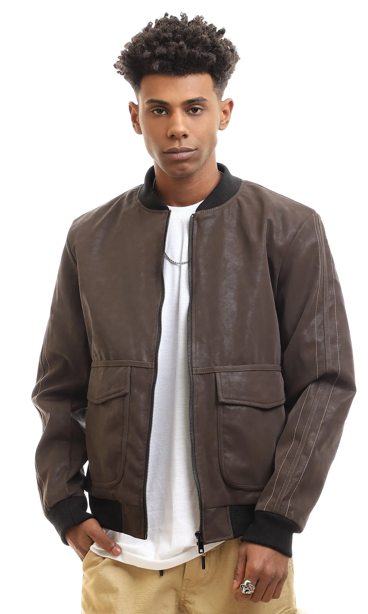 95833 Front Pockets Full Zipper Nubuck Jacket - Brown