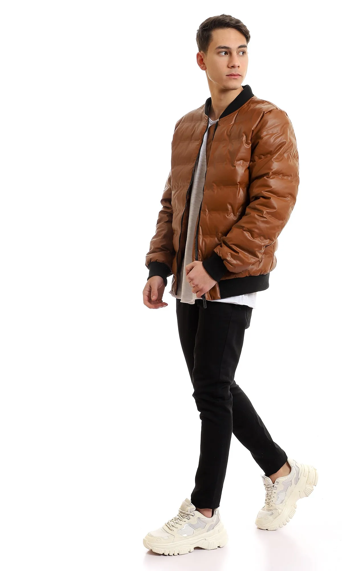 95840 Mandarin Collar Full Zipped Leather Havana Bomber Jacket