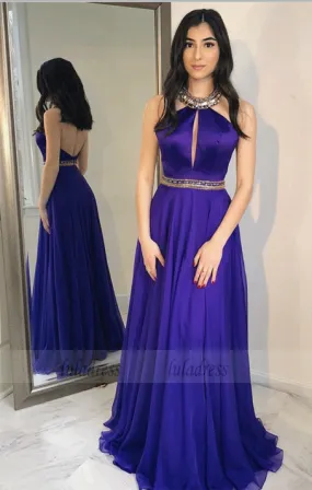 A-Line Halter Sweep Train Grape Chiffon Prom Dress with Beading,BW97142