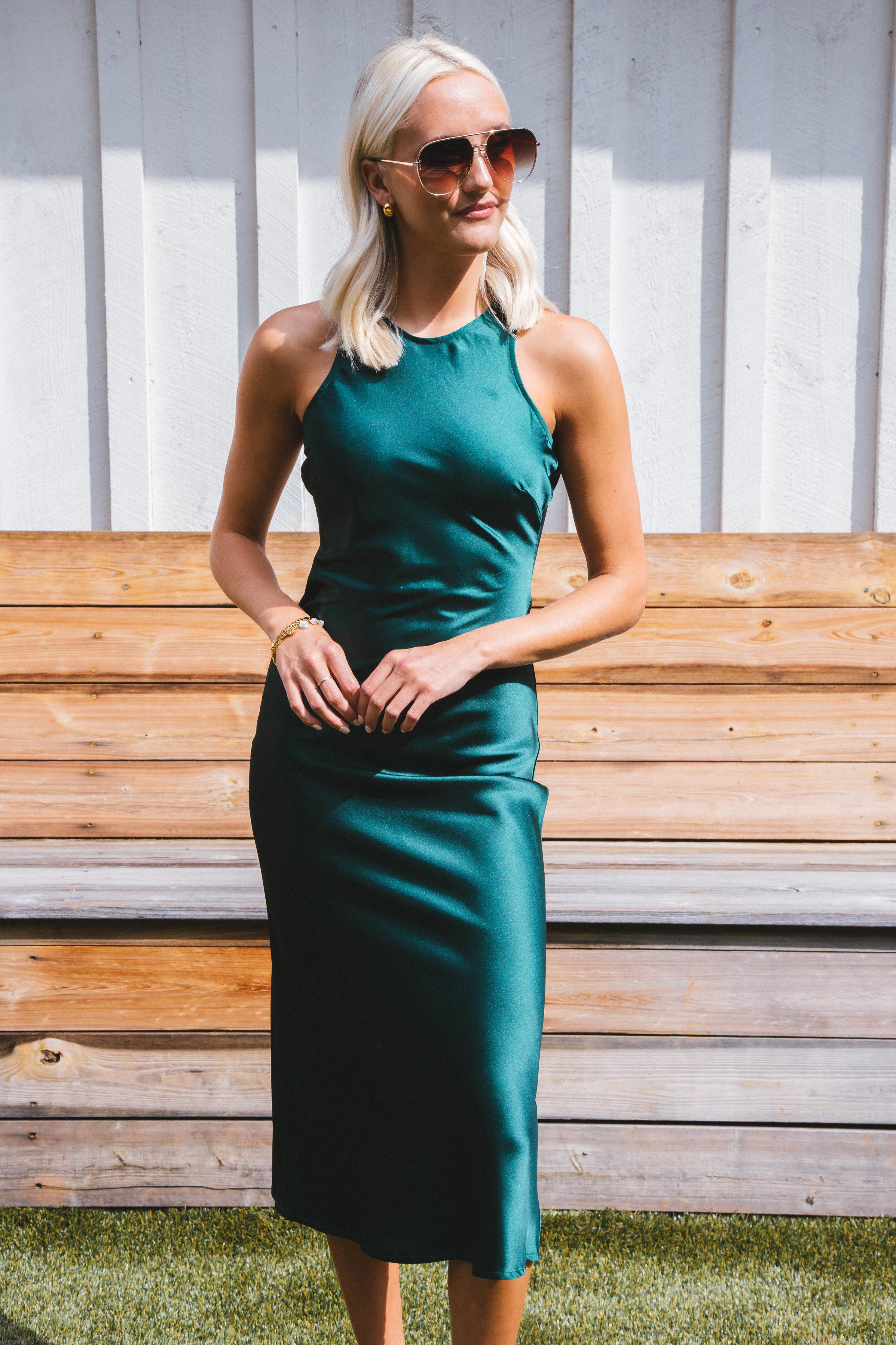 Afterglow Satin Long Dress, Hunter Green