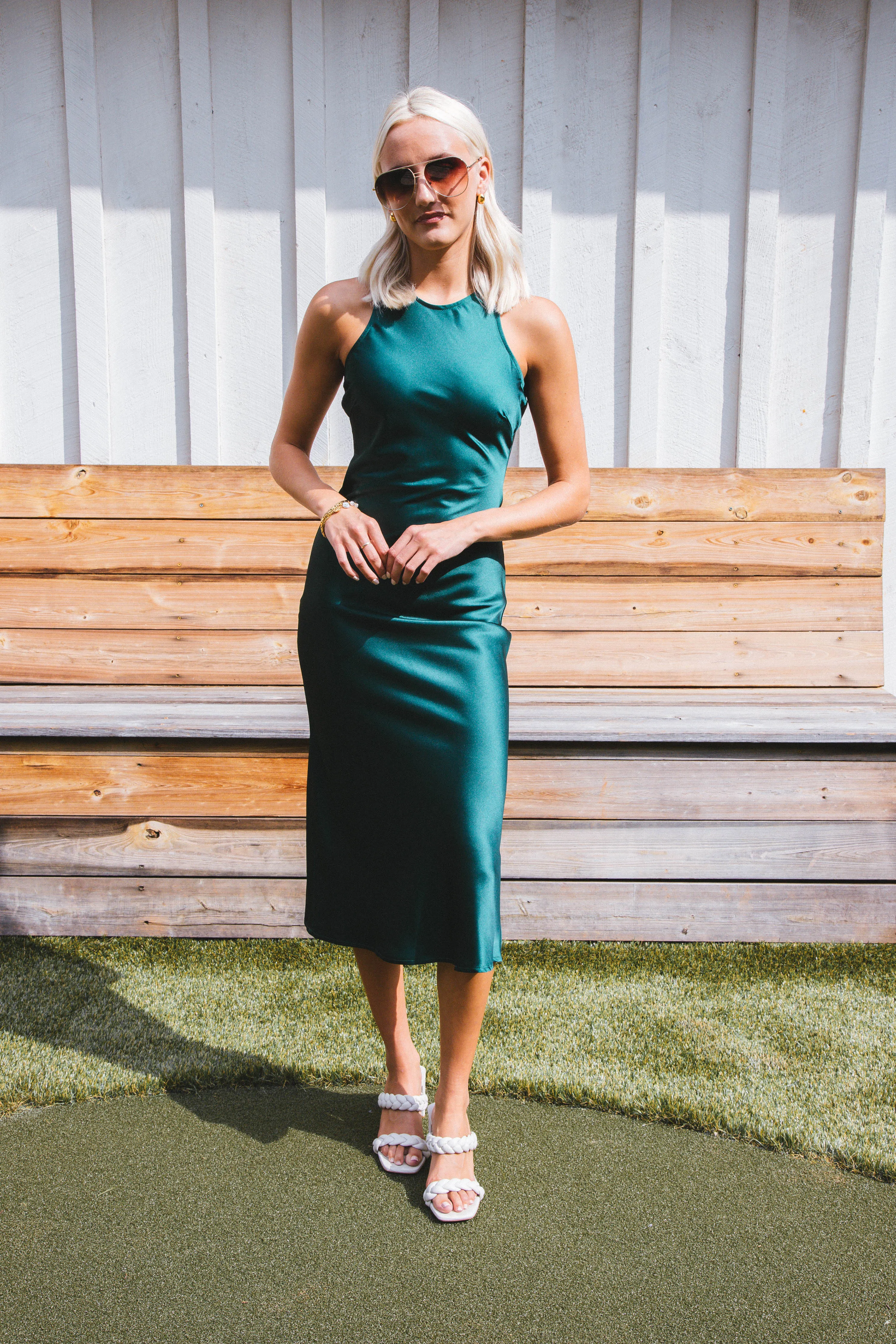 Afterglow Satin Long Dress, Hunter Green