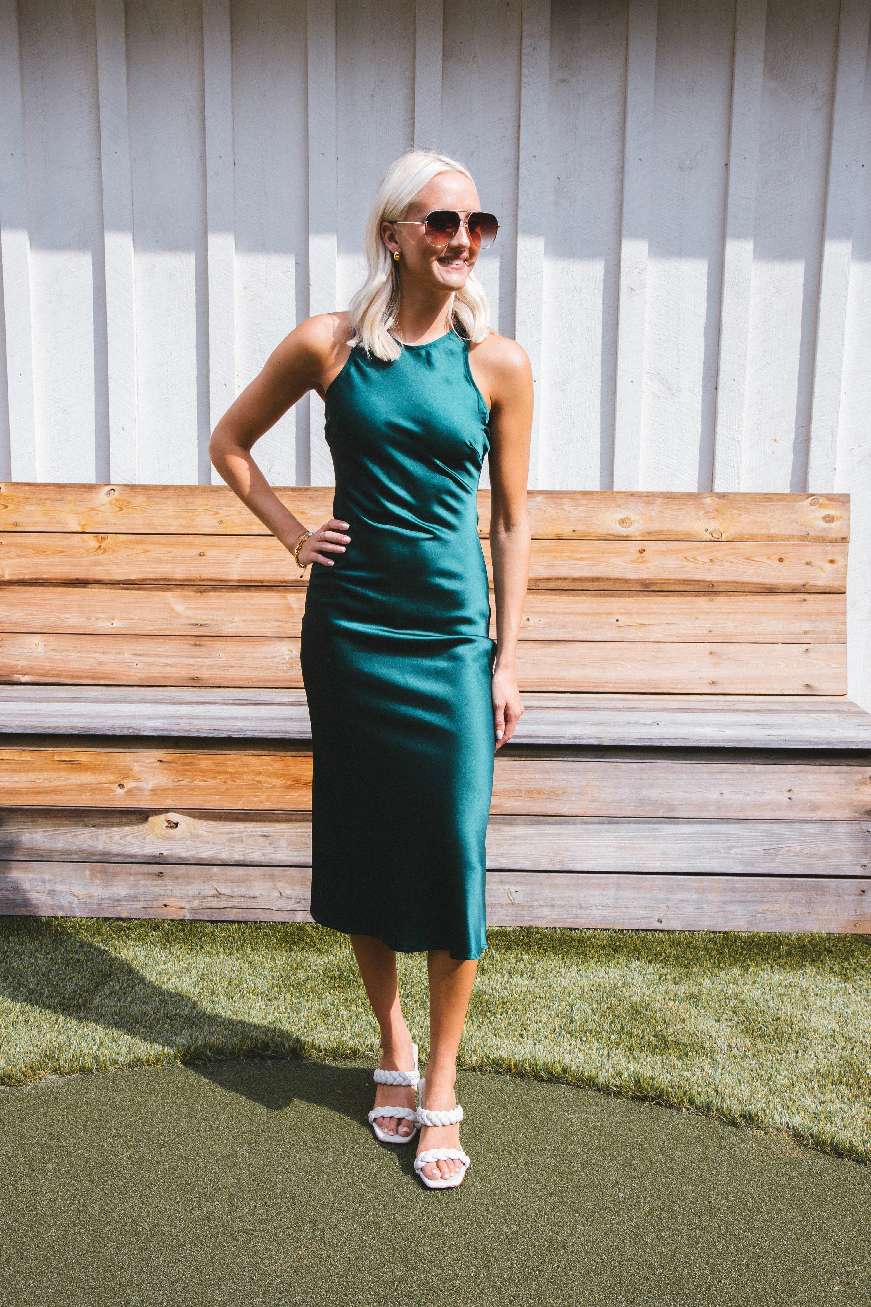 Afterglow Satin Long Dress, Hunter Green