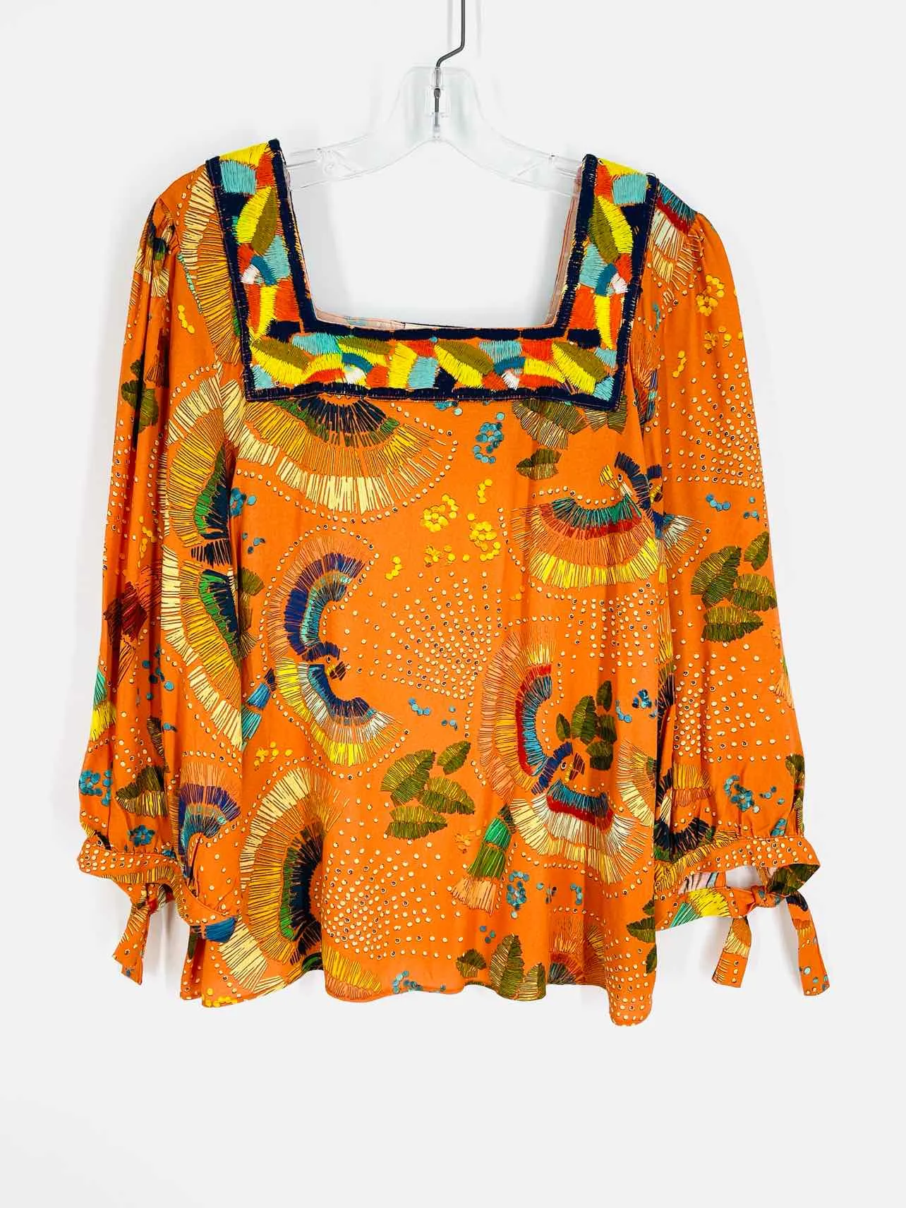 Anthropologie Size S Orange/Multi Print Embroidered Designer Top-Long Sleeve