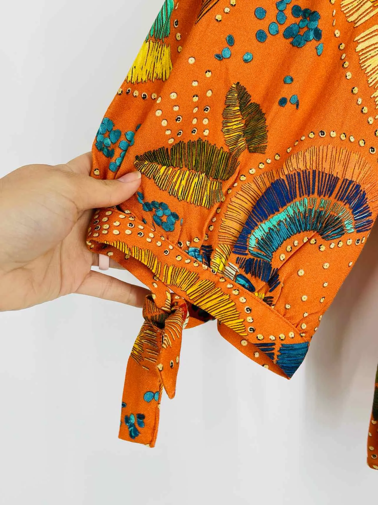 Anthropologie Size S Orange/Multi Print Embroidered Designer Top-Long Sleeve