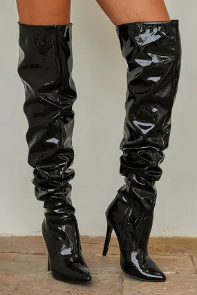 Artificial Patent Leather Pointed Toe Knee High-heeled Boots