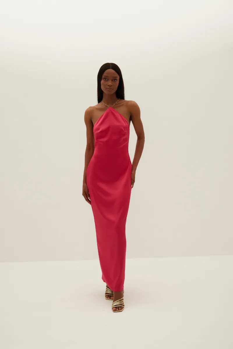 AUBREY FUCHSIA PINK SATIN HALTER MAXI DRESS