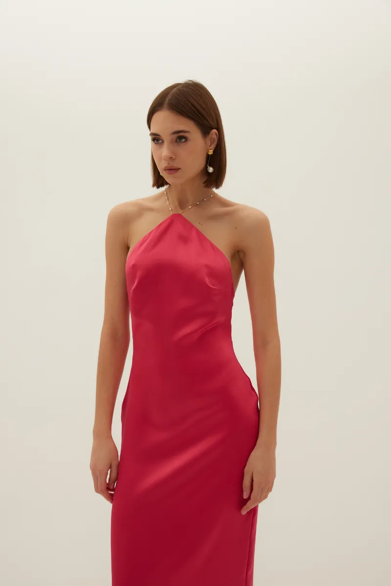 AUBREY FUCHSIA PINK SATIN HALTER MAXI DRESS