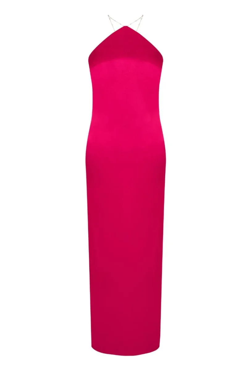 AUBREY FUCHSIA PINK SATIN HALTER MAXI DRESS