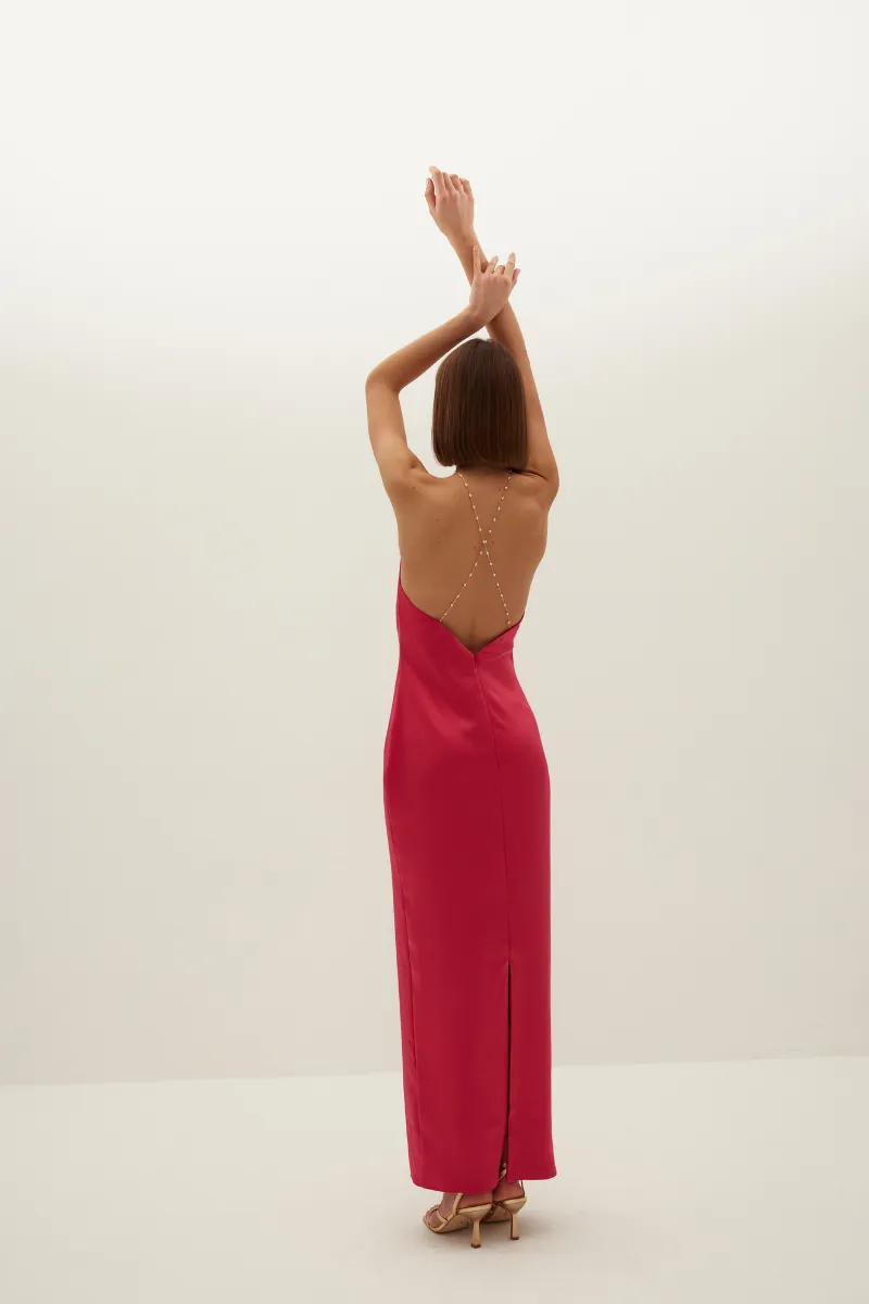 AUBREY FUCHSIA PINK SATIN HALTER MAXI DRESS