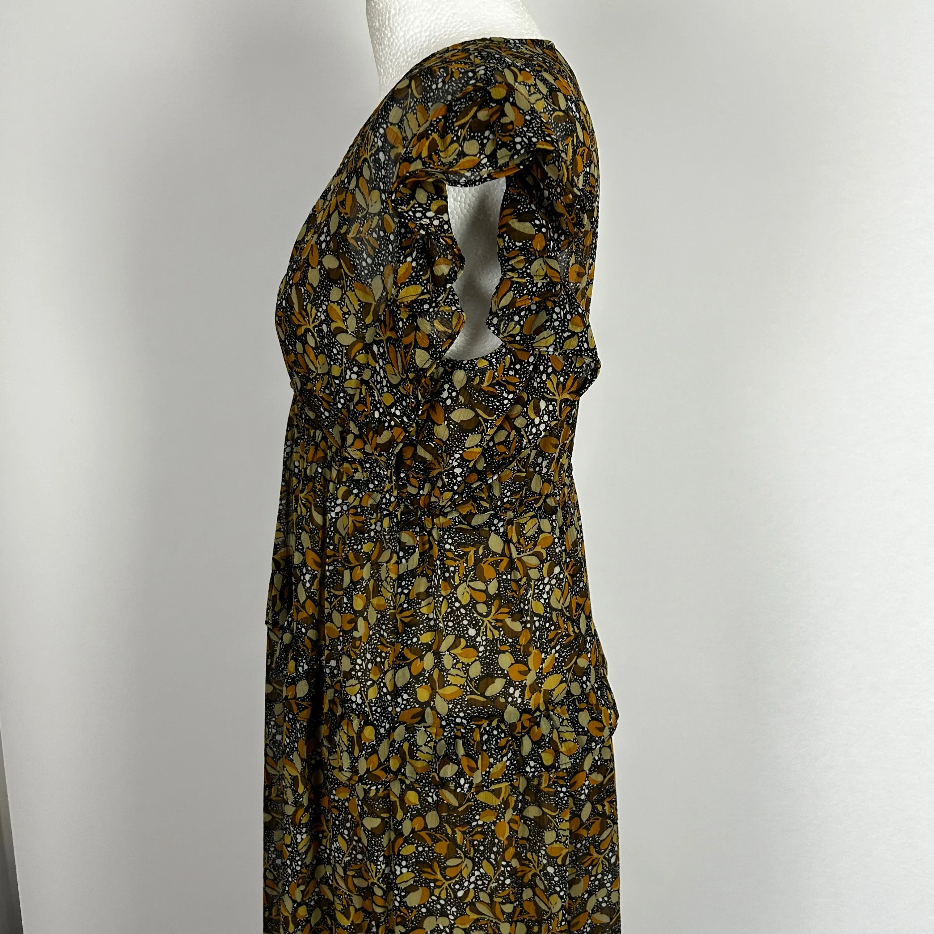 Ba&Sh Black & Tan Leaf Print Chiffon Maxi Dress S