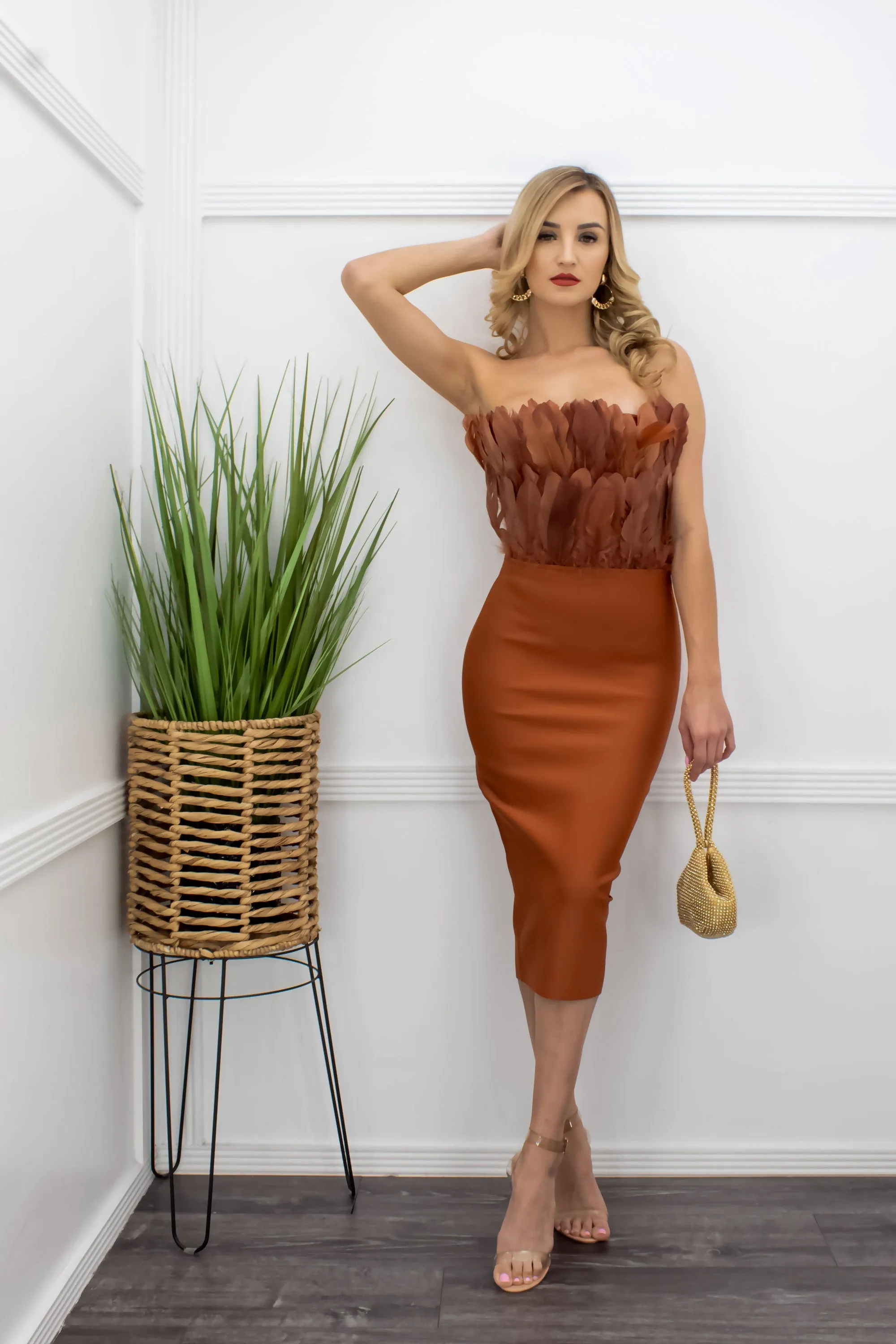 Bandage With Feather Trim Midi Dress