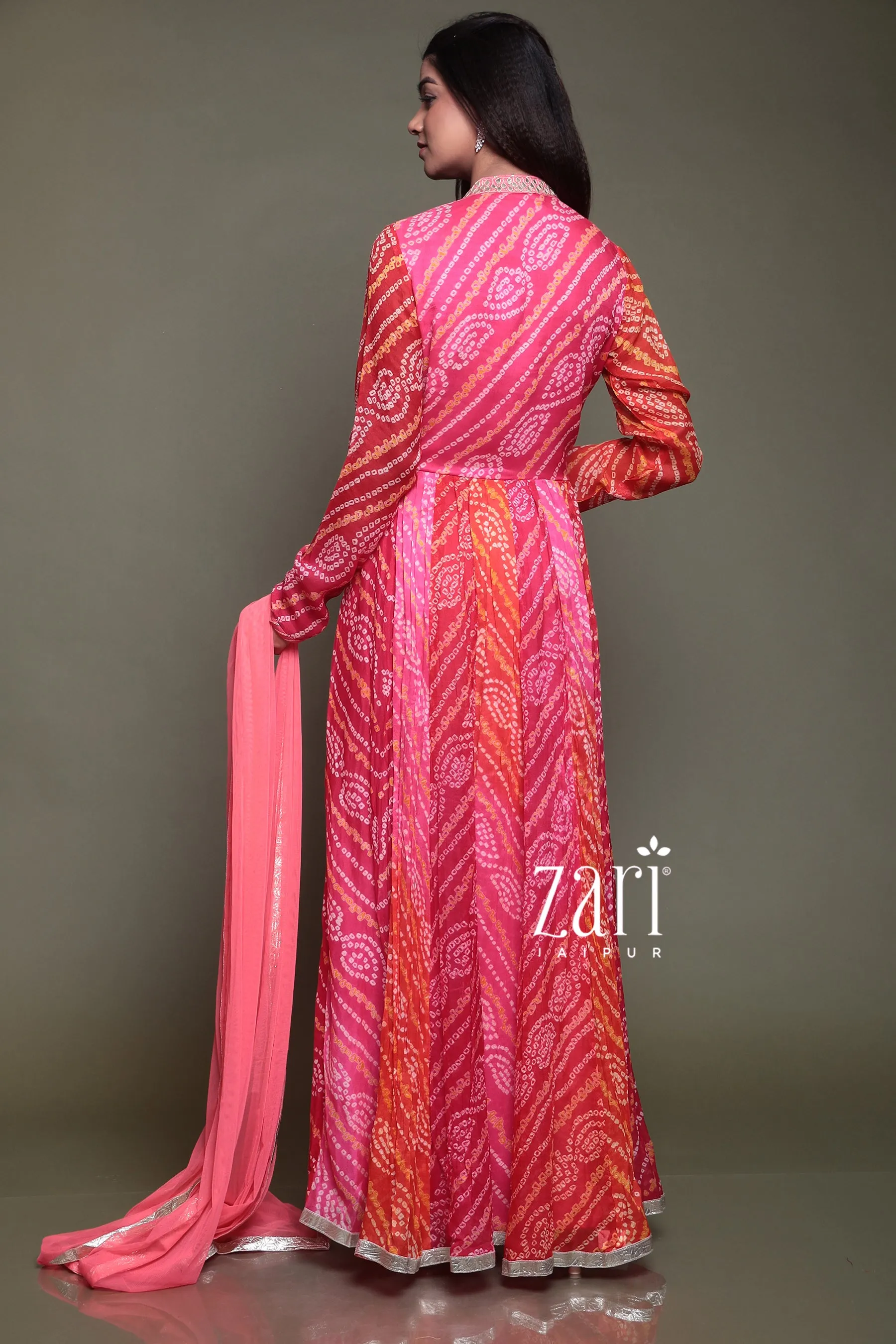 Bandhej Chinon silk Suit with Gota Patti, Pearl, Thread work.