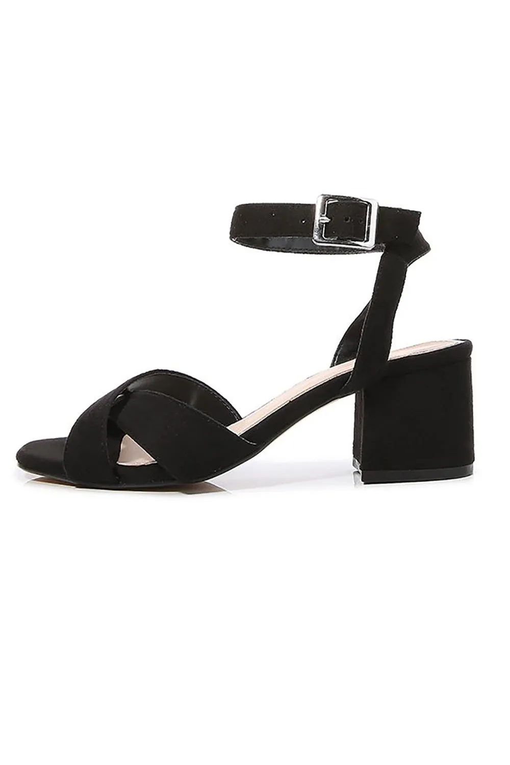 Black Cross Ankle Strap Chunky Heeled Sandals