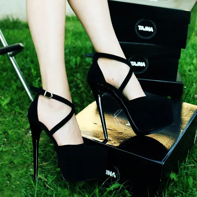 Black Cross-Banded High Heeled Platform Shoes