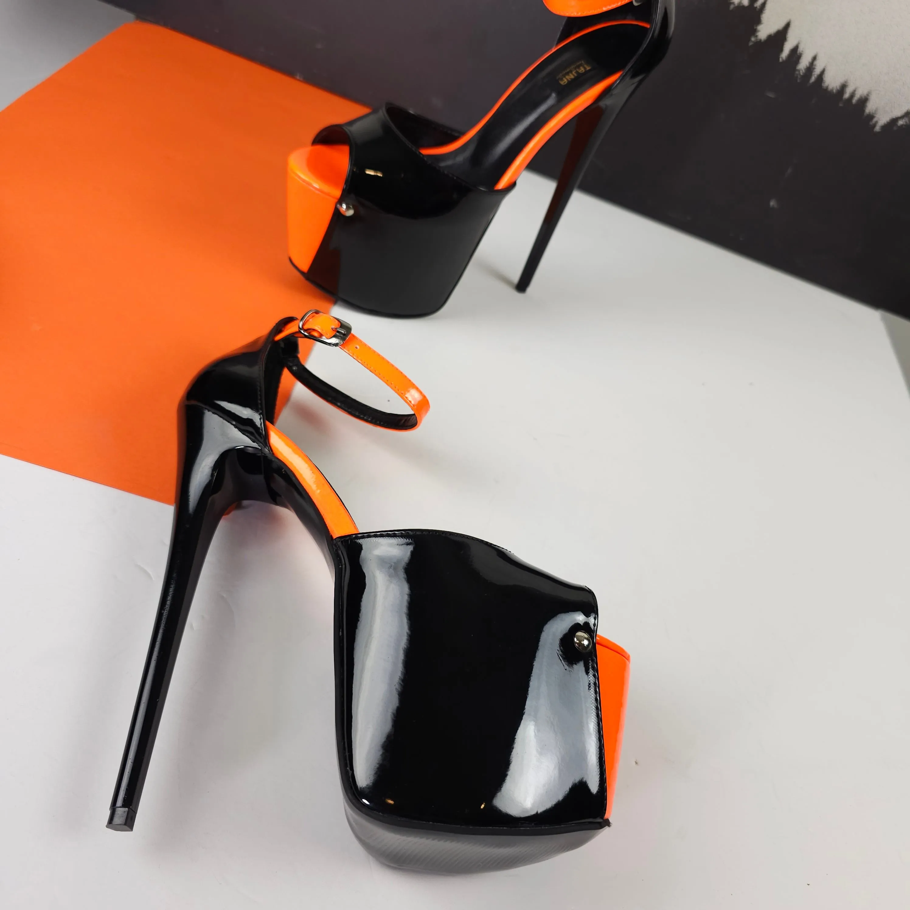 Black Gloss Orange Detail Ankle Strap High Heels