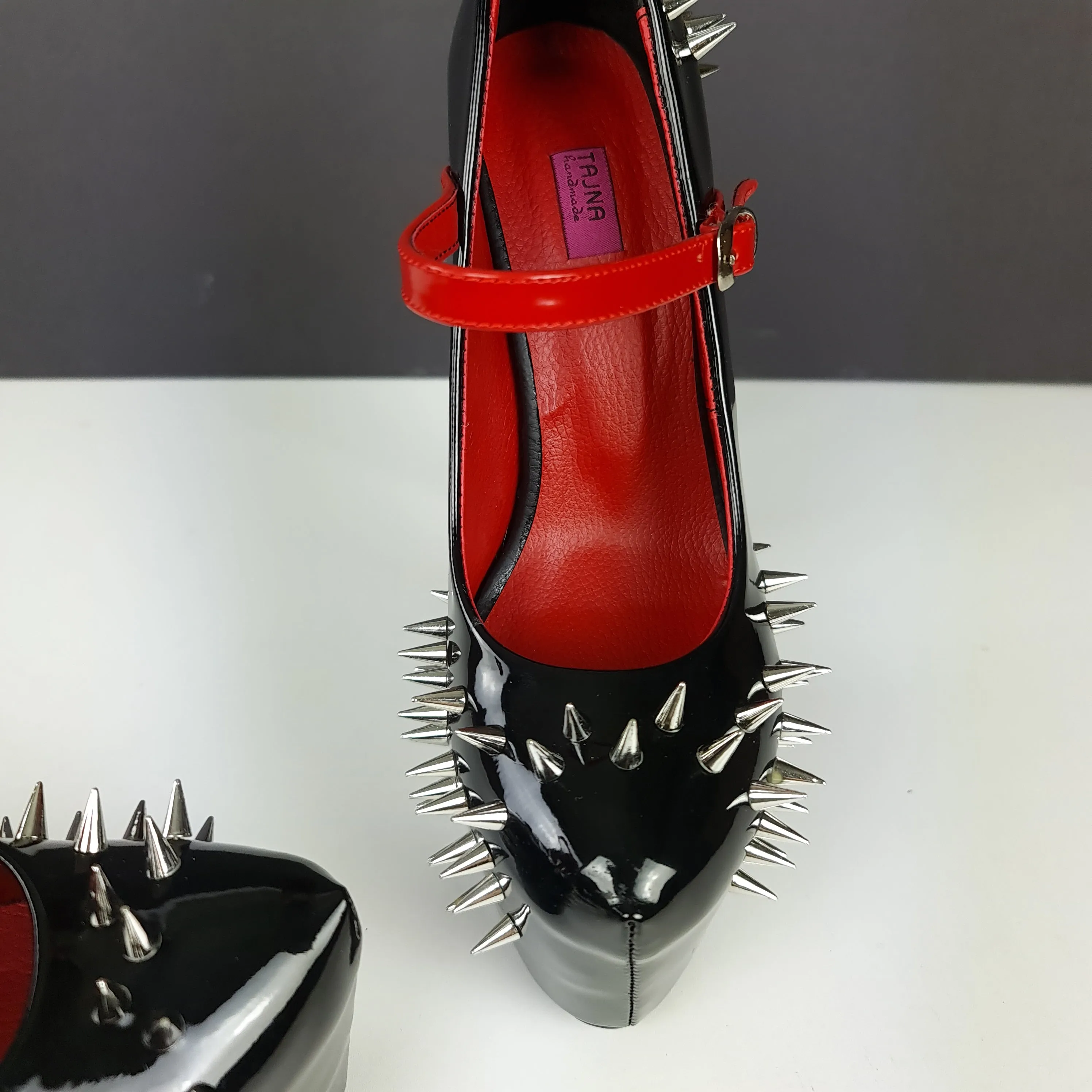 Black Red Gloss Spike Studded Strapped Heels