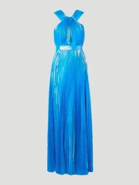 Blue Pleated Metallic Halter Midi Dress