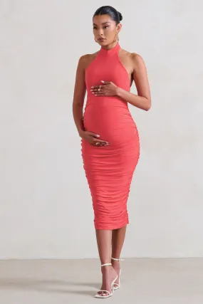 Chrissy | Coral Maternity Halterneck Ruched Midi Dress