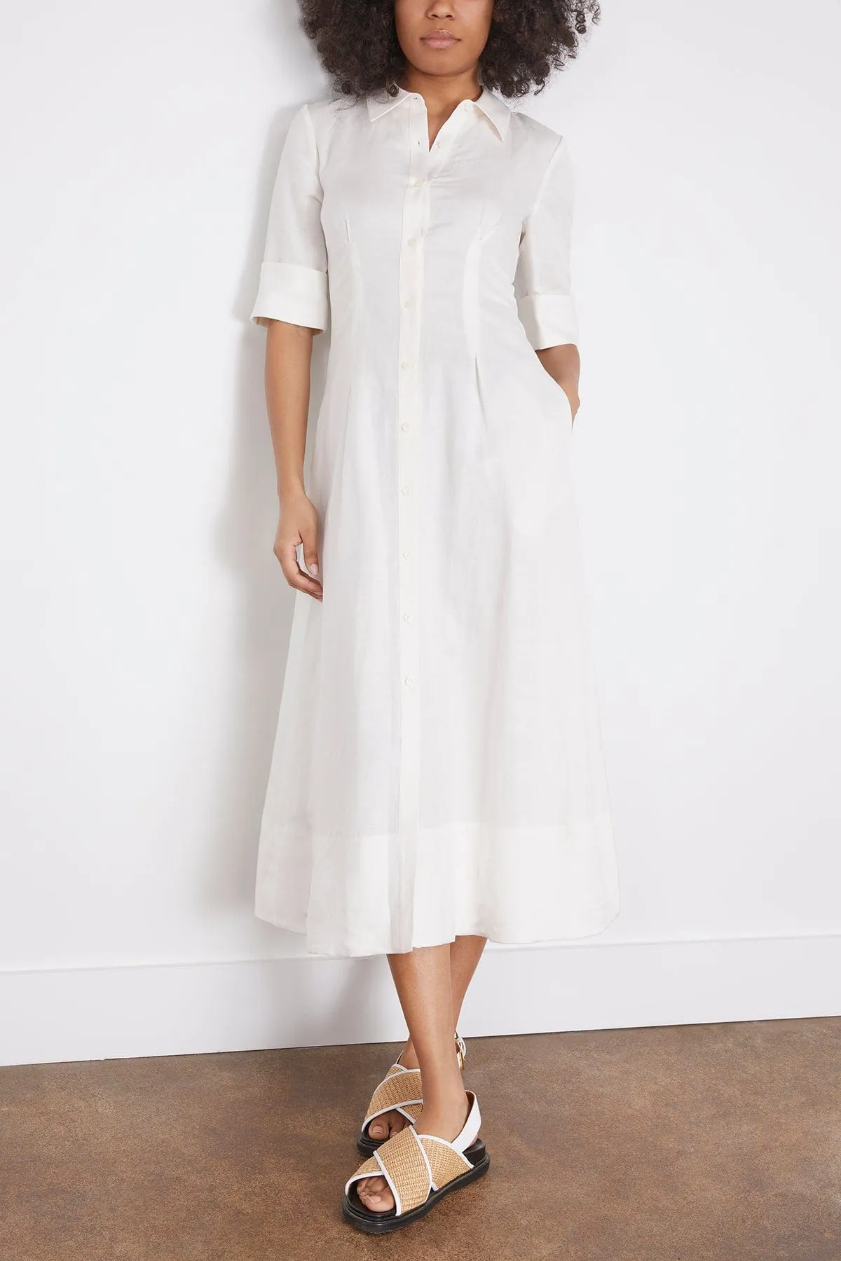 Claudine Short Sleeve Shirt Midi Dress in White