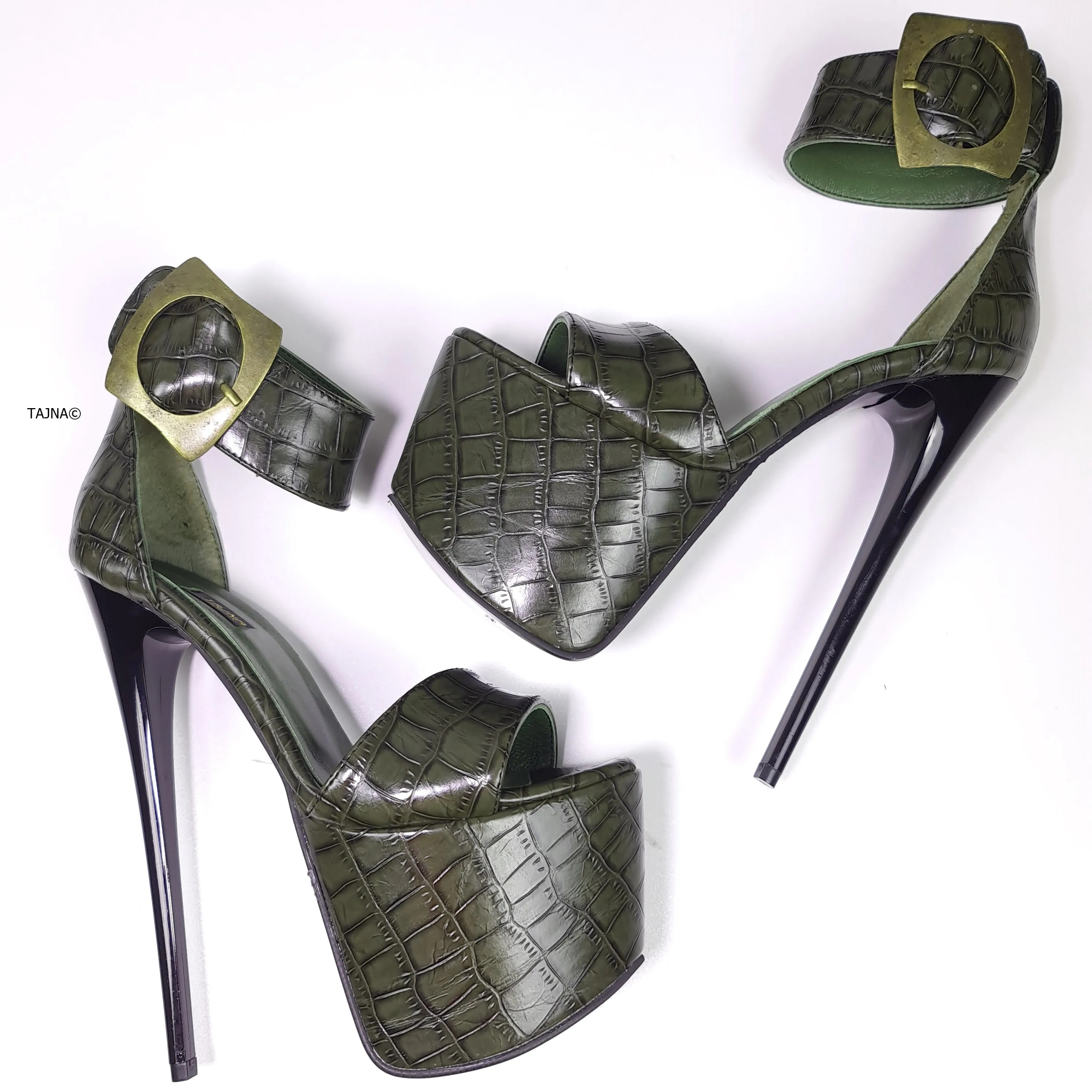 Dark Green Croco Belted High Heel Sandals