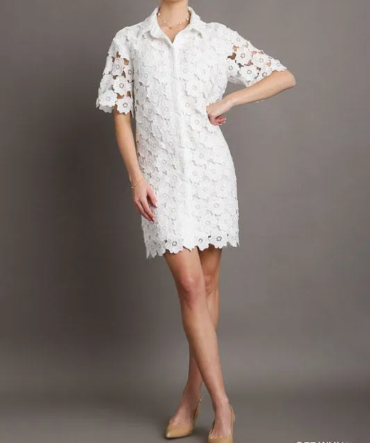 Floral Lace Button Down Collared A-Line Dress - Off White