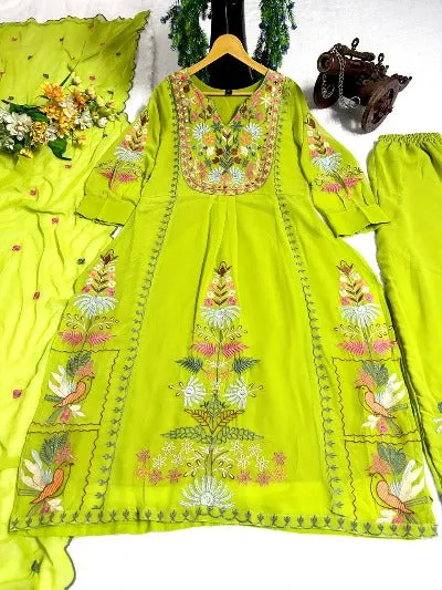 Flourescent Yellow Georgette Multicolour Thread And Mirror Work Salwar Suit Set