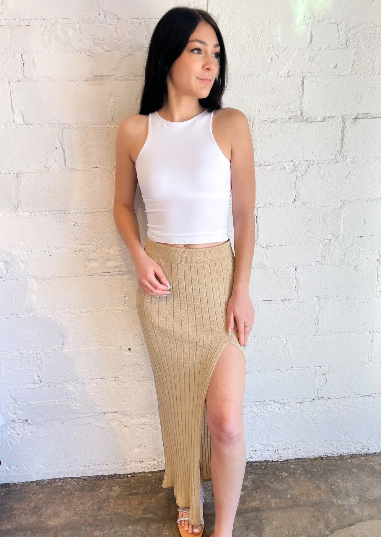 Golden Gleam Ribbed Maxi Skirt