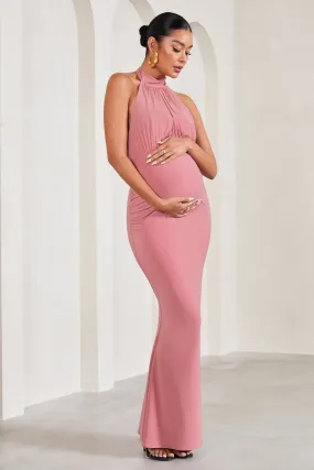 In My Heart | Blush Pink Mesh Halter-Neck Sleeveless Maternity Maxi Dress