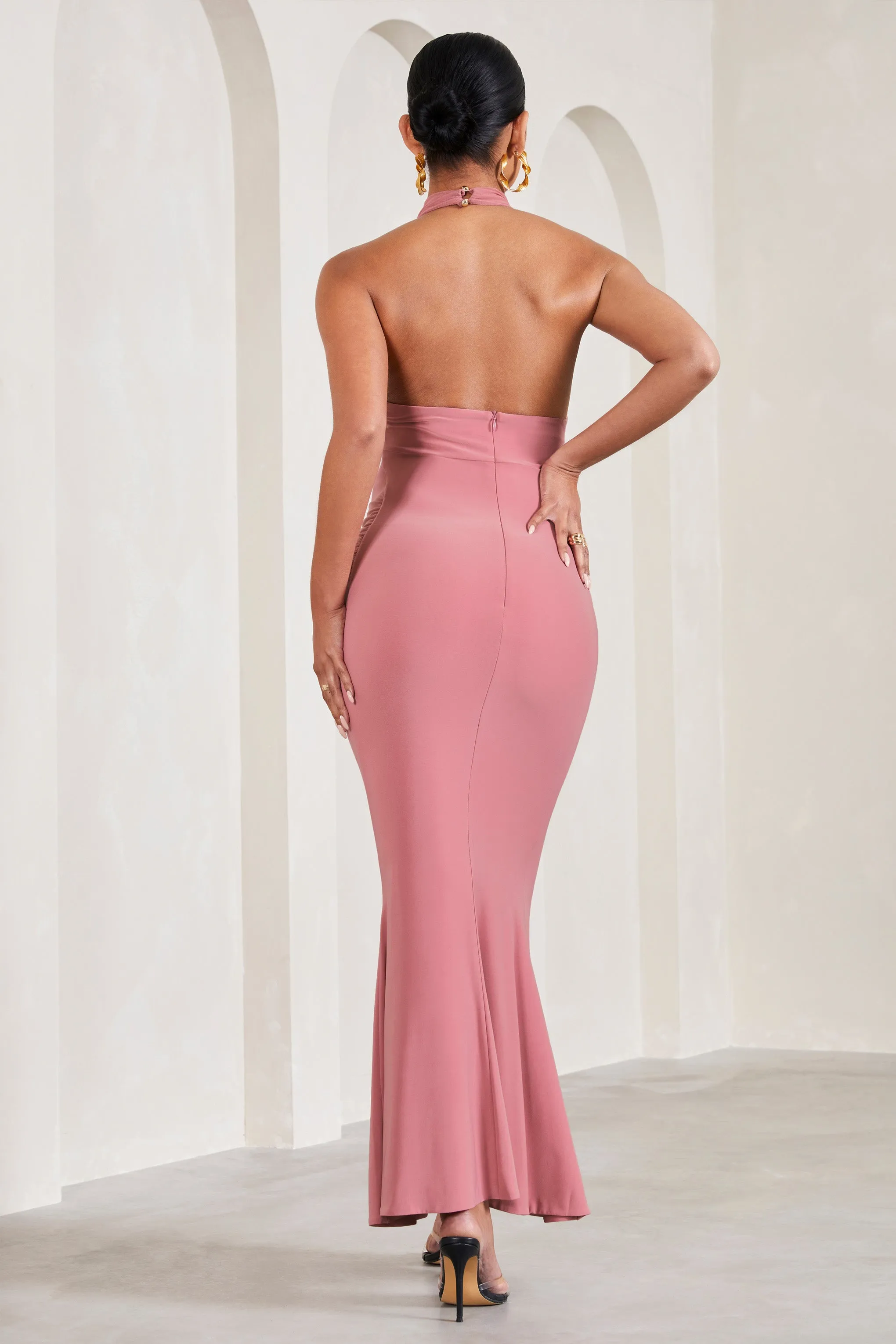 In My Heart | Blush Pink Mesh Halter-Neck Sleeveless Maternity Maxi Dress