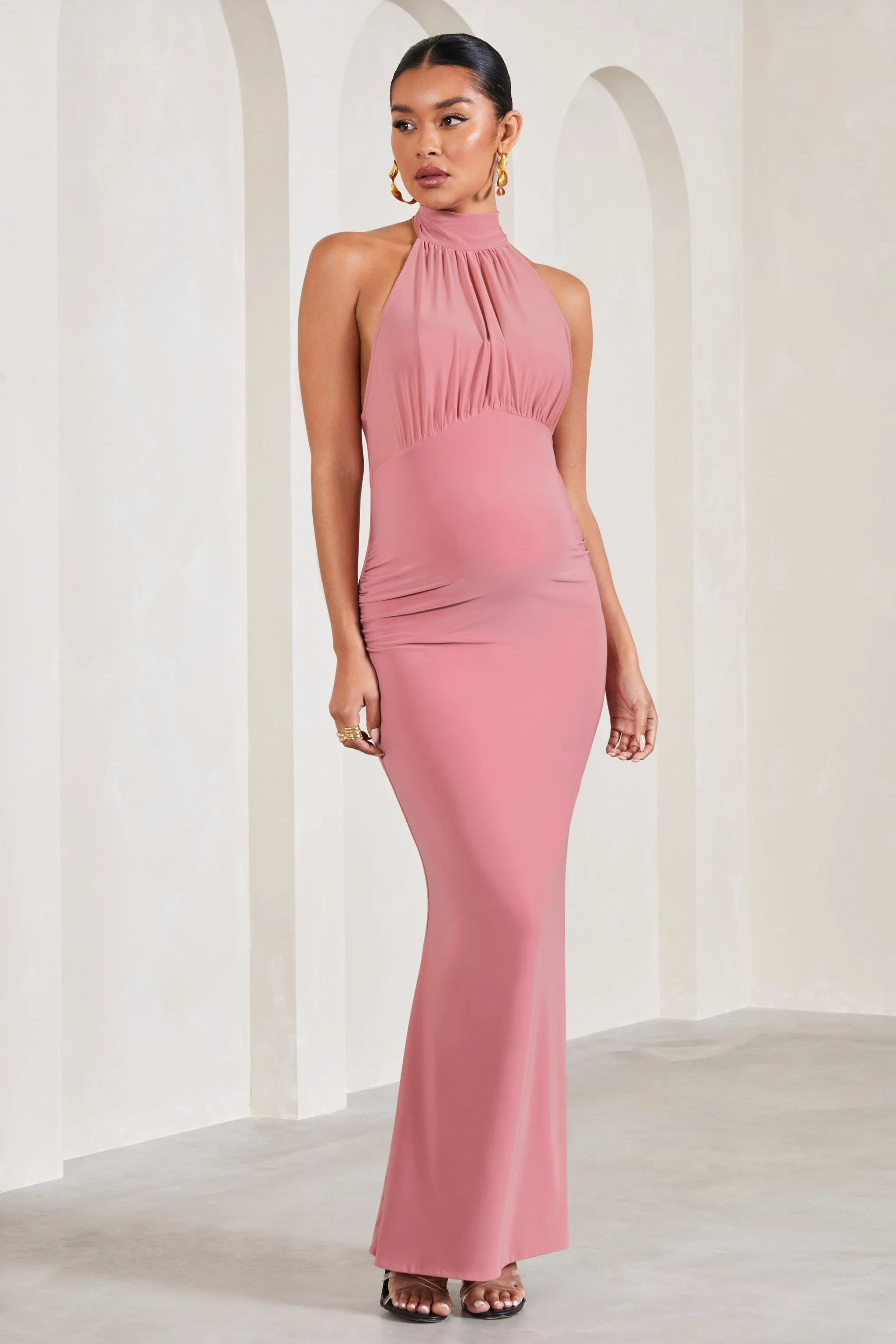 In My Heart | Blush Pink Mesh Halter-Neck Sleeveless Maternity Maxi Dress