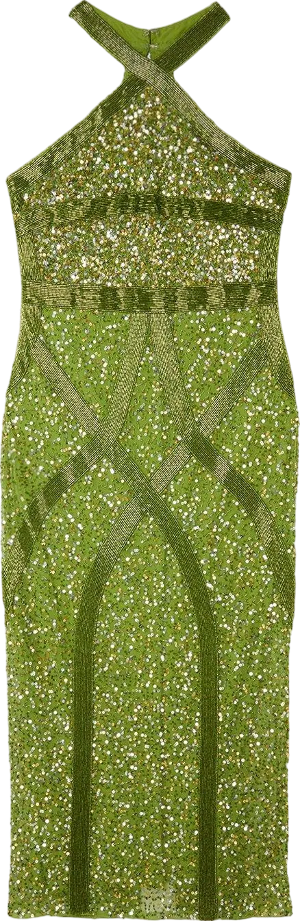 Karen Millen Green Embellished Woven Halter Midi Dress BNWT UK 10