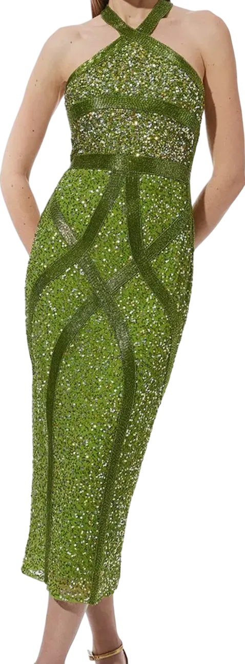 Karen Millen Green Embellished Woven Halter Midi Dress BNWT UK 10