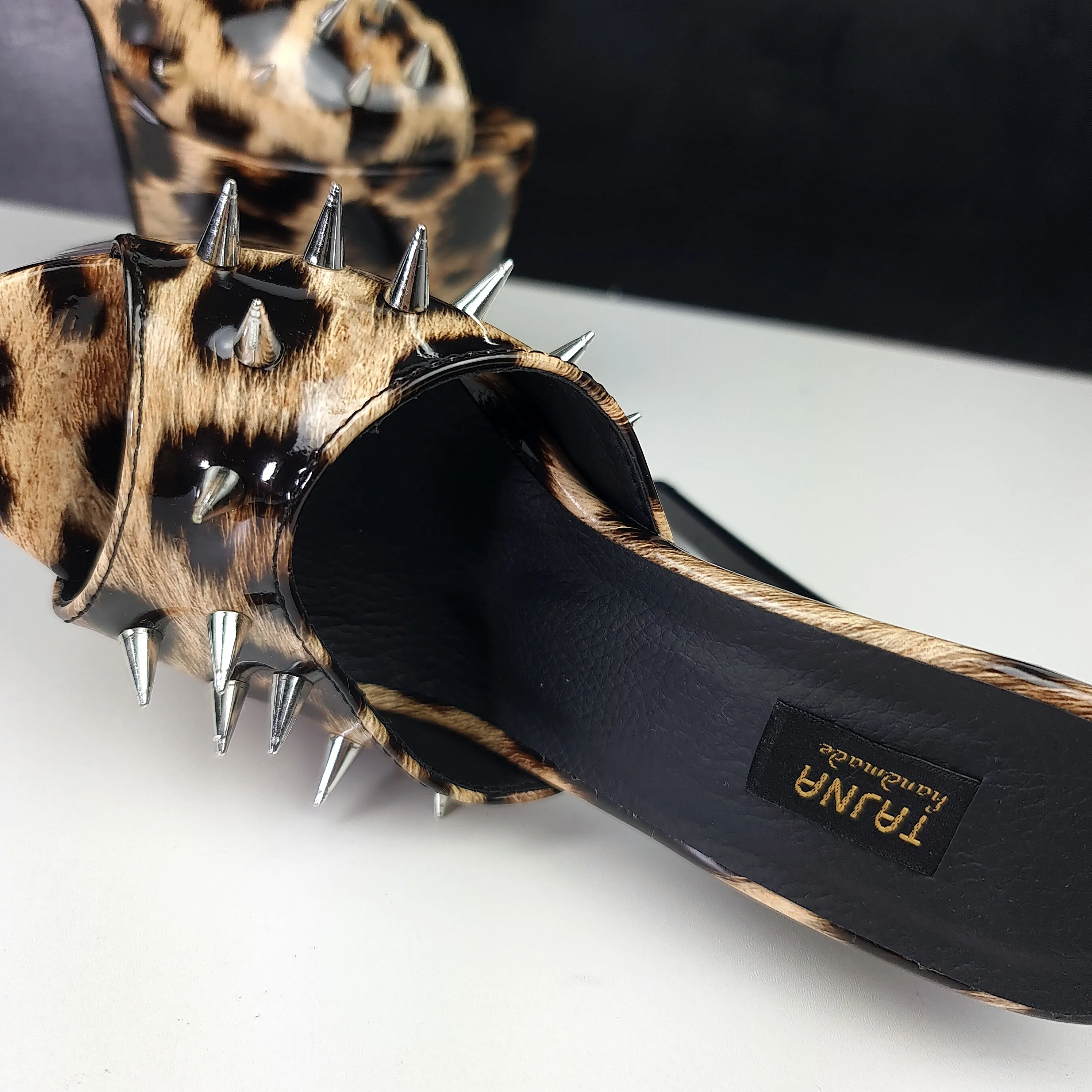 Leopard Gloss Spike Studded High Heel Mules