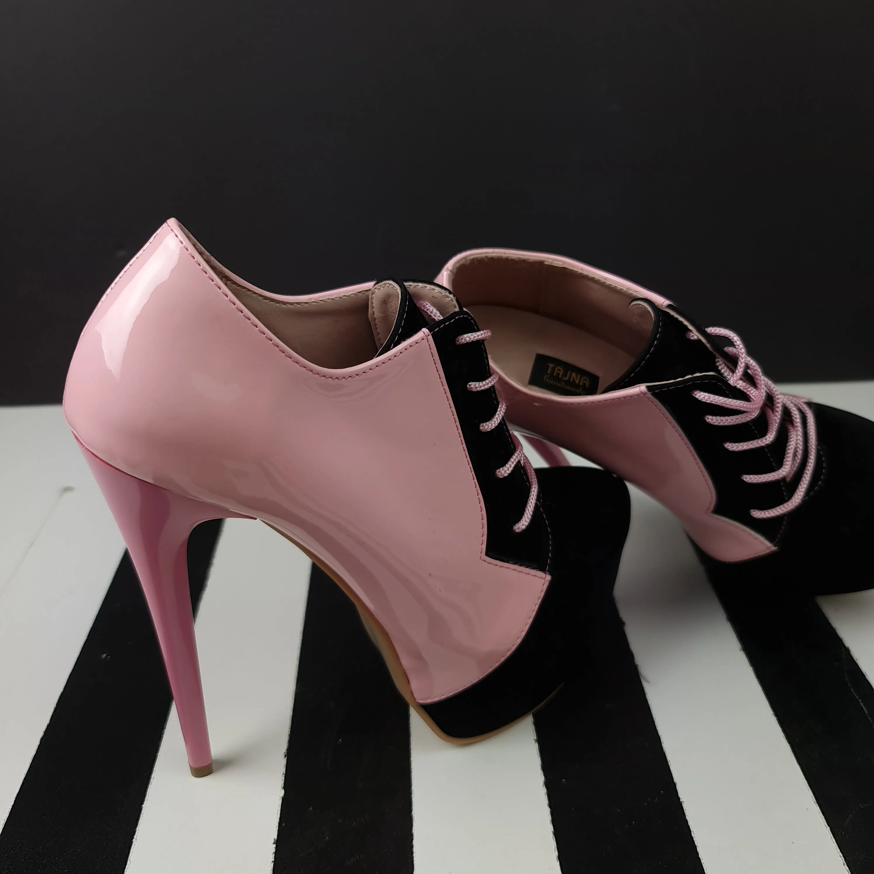 Light Pink Black Oxford Lace Up Ankle Cut Heels