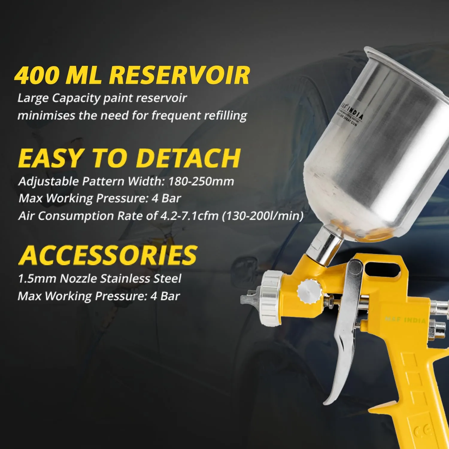 MAF PRO ASG4002 Air Spray Gun, 400ml Capacity | 1.5mm Nozzle Stainless Steel | 3-4 Bar Pressure | Suitable for Base Coat Spray Gun for Auto Paint