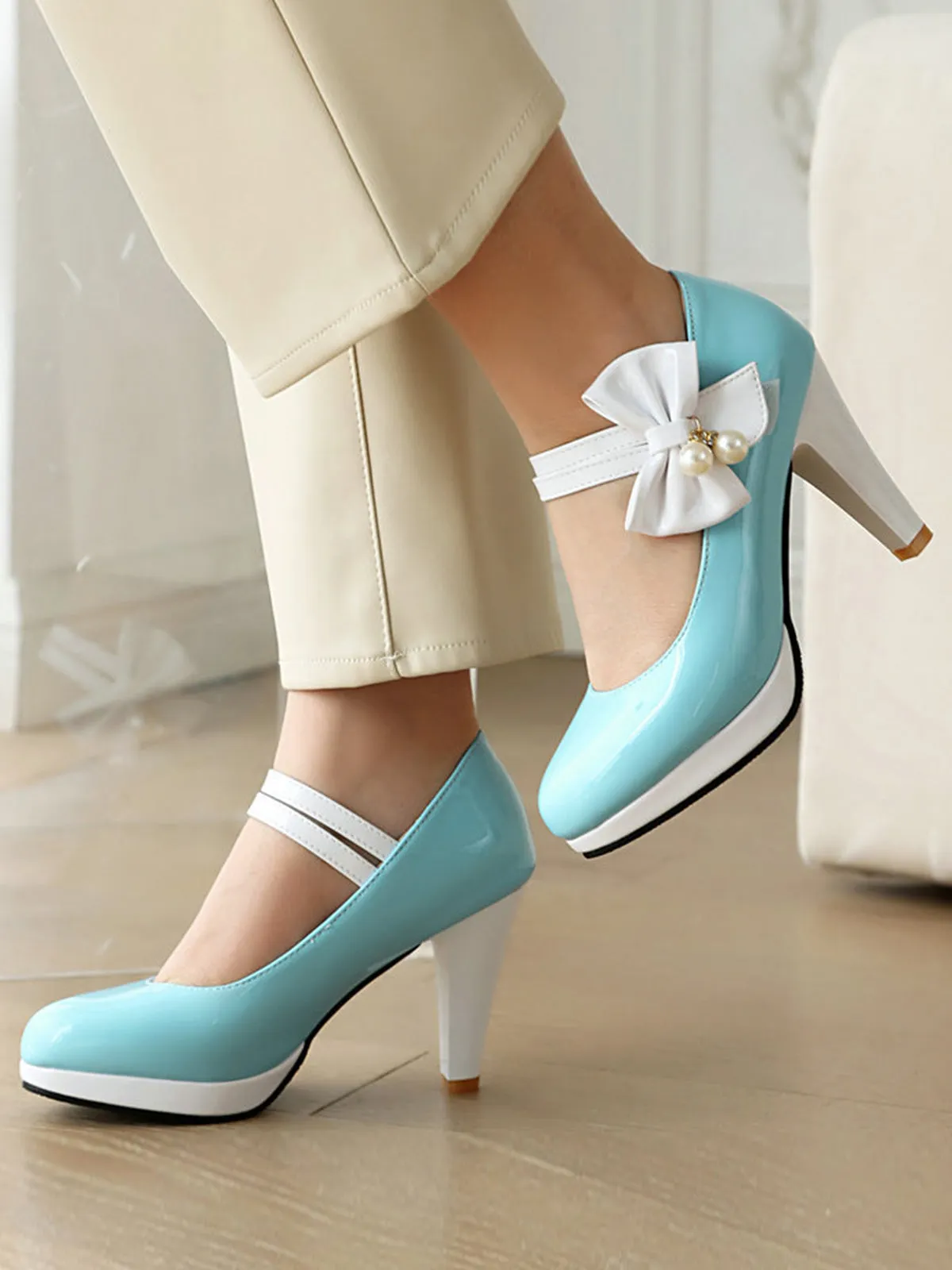 Mary Jane Color Block Side Bow High Heel Shoes