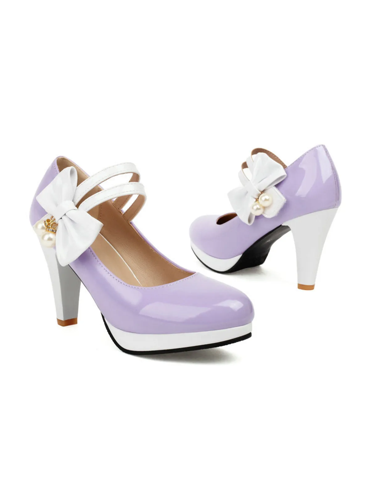 Mary Jane Color Block Side Bow High Heel Shoes