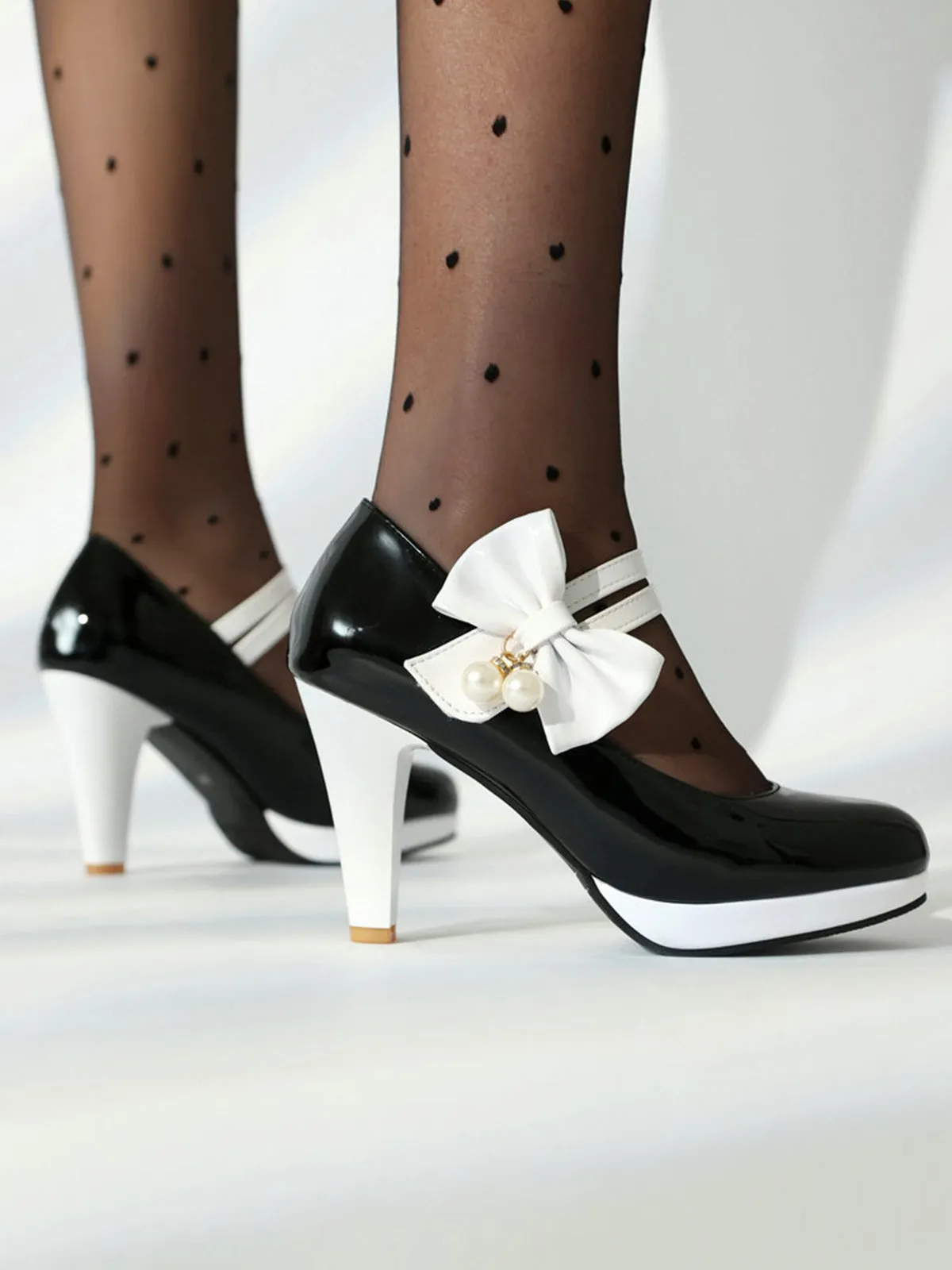 Mary Jane Color Block Side Bow High Heel Shoes