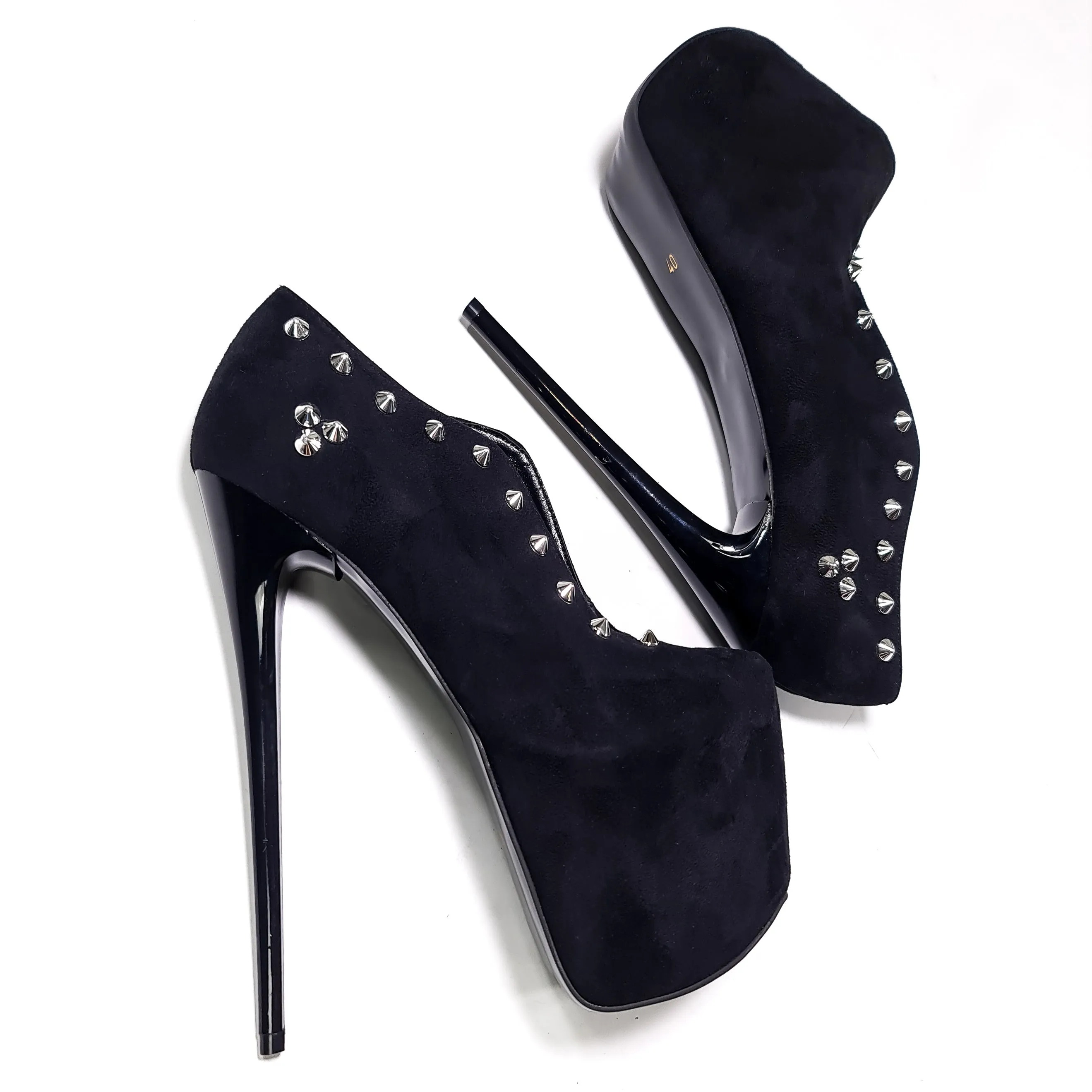 Mid Slit Black Suede Studded Ankle Cut Heels