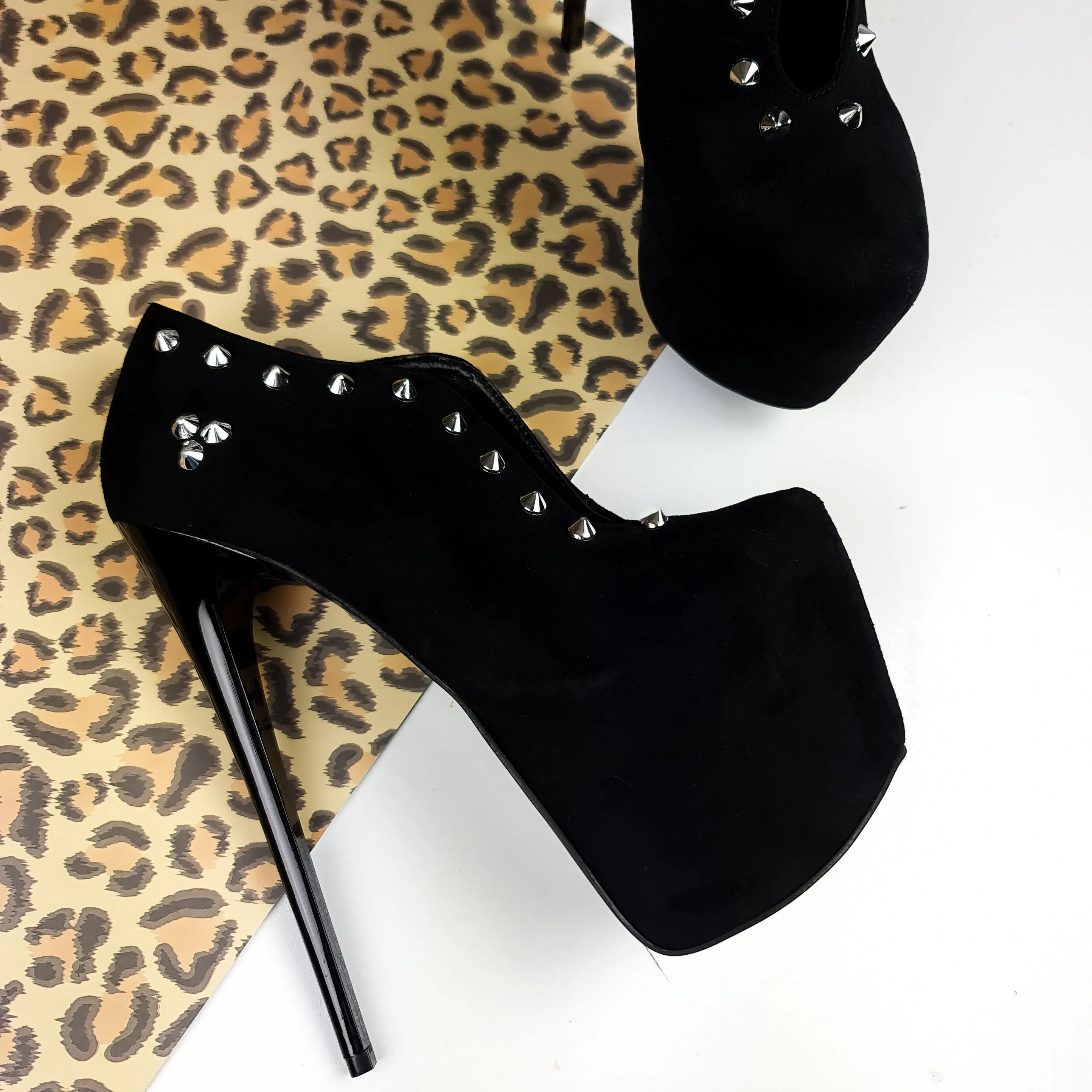 Mid Slit Black Suede Studded Ankle Cut Heels