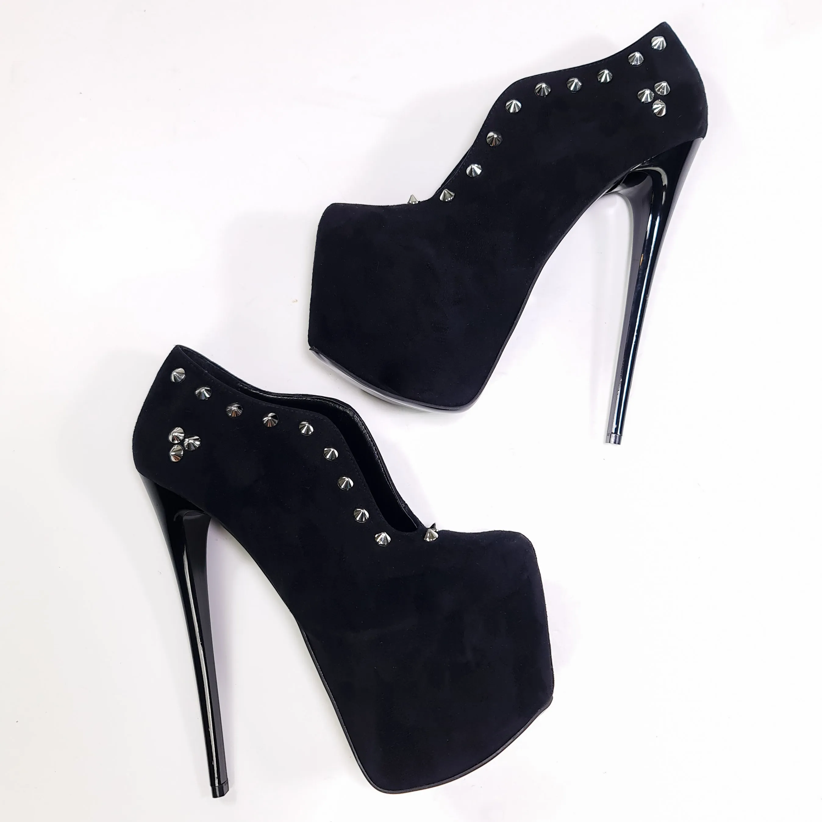 Mid Slit Black Suede Studded Ankle Cut Heels