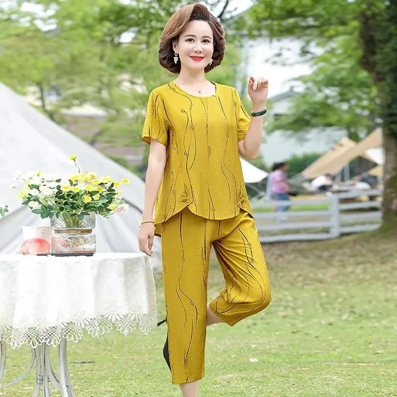 Middle-aged women's 2-piece set short-sleeved T-shirt and harem pants B-114385