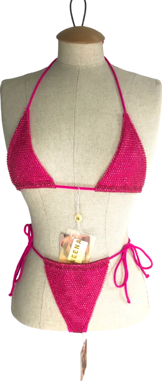 NEENA SWIM Pink Embellished Halter Bikini And Drawstring Thong Bottoms UK S/M