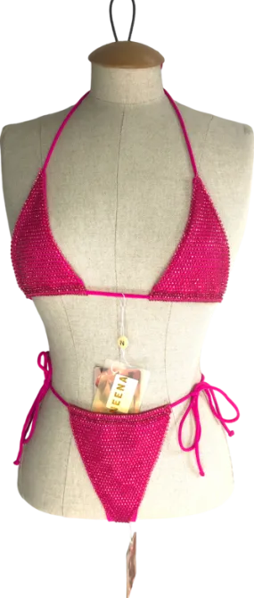 NEENA SWIM Pink Embellished Halter Bikini And Drawstring Thong Bottoms UK S/M