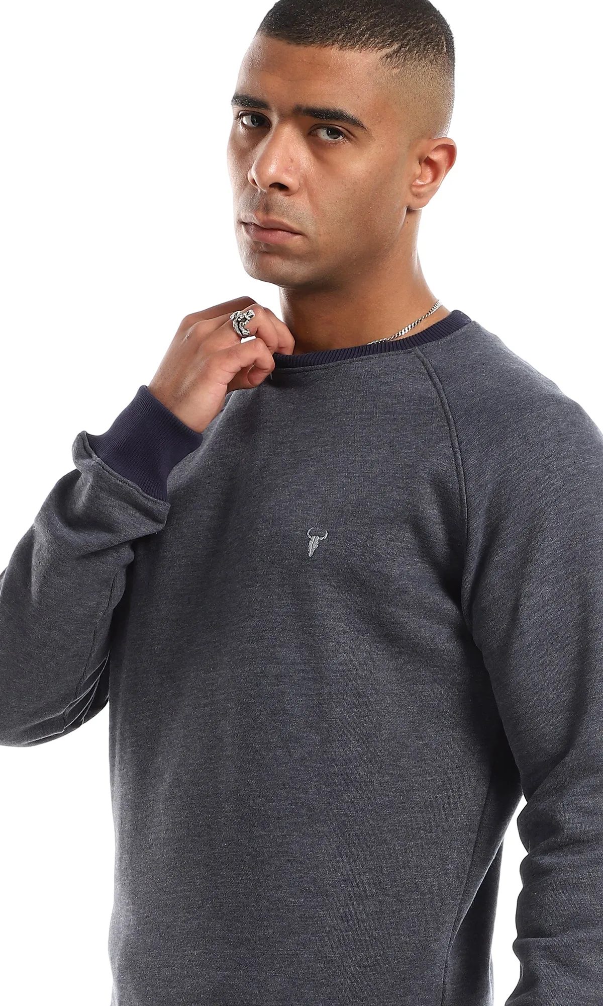 O152801 Ribbed Cole, Cuffs & Hem Slip On Cotton Sweatshirt - Heather Navy Blue