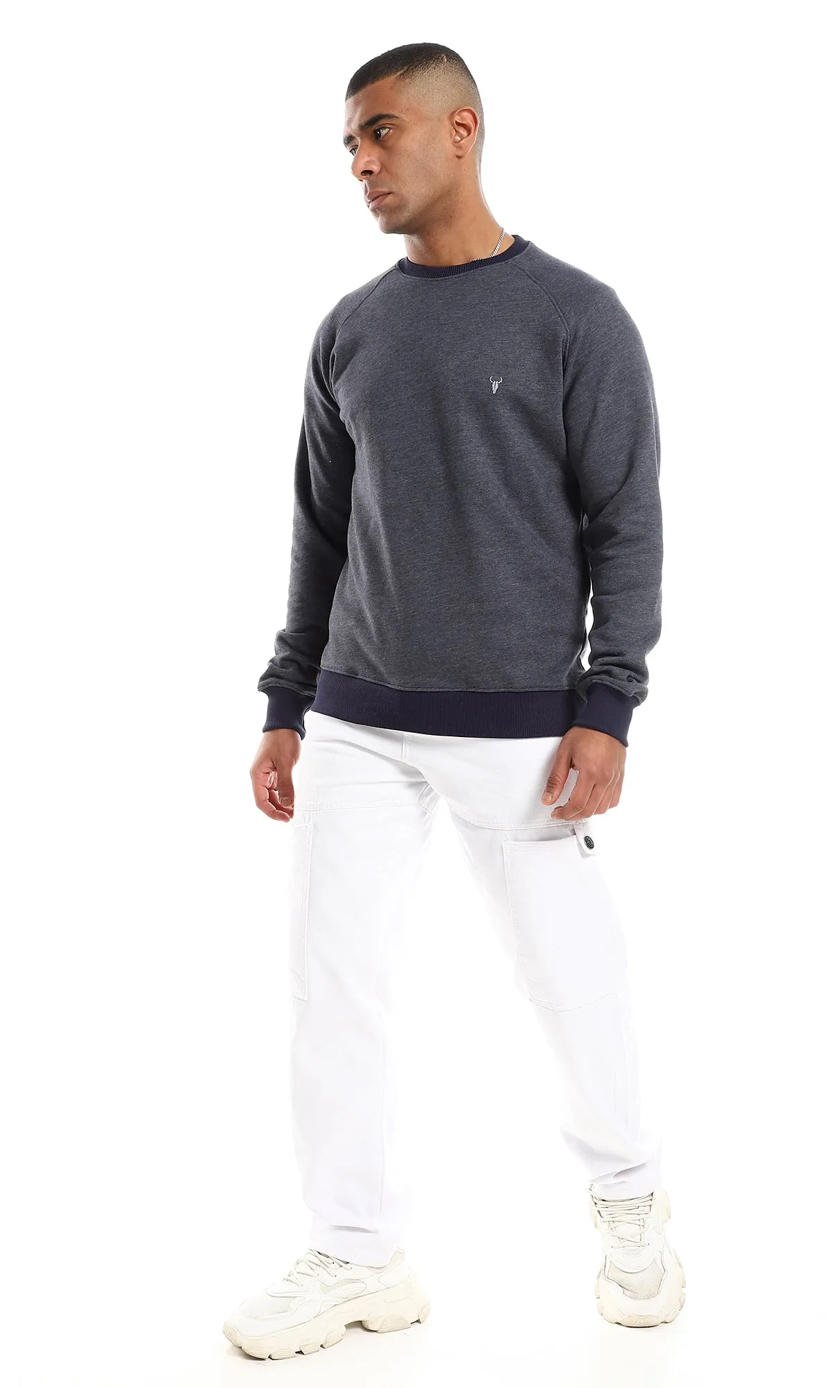 O152801 Ribbed Cole, Cuffs & Hem Slip On Cotton Sweatshirt - Heather Navy Blue